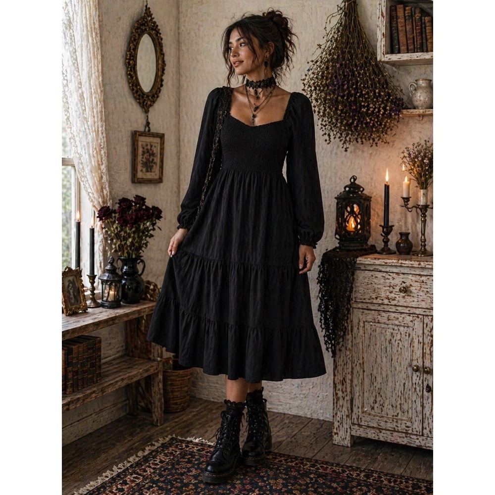 Beyond Words Smocked Whimsigoth Dress Black Long Sleeve Tiered Dark Cottagecore